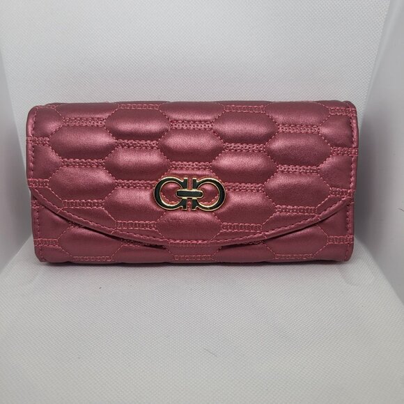 Women's Wallet Faux Leather Long Card Holder Pockets Quilted Look Rose Pink Gold - Picture 2 of 9